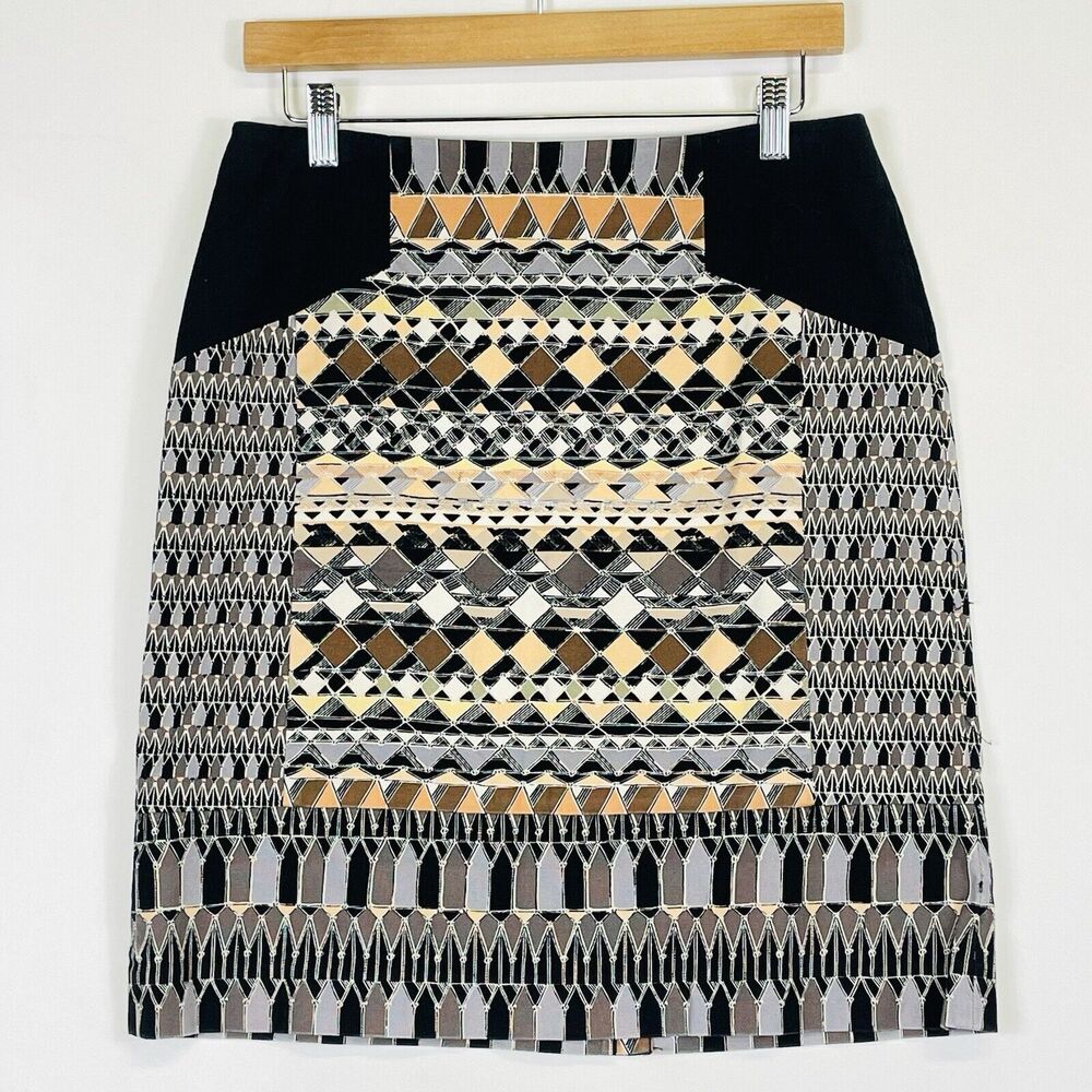 NIC+ZOE Pencil Skirt Womens 6 Black Tan Tribal‎ Geometric Mini Boho Artsy Global